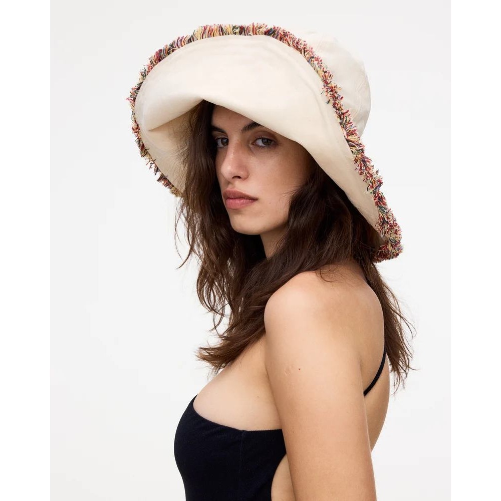 OAS Ecru Irregular Brim Canvas Hat Multicolored Fringe Sun Hat 8502-03 59cm